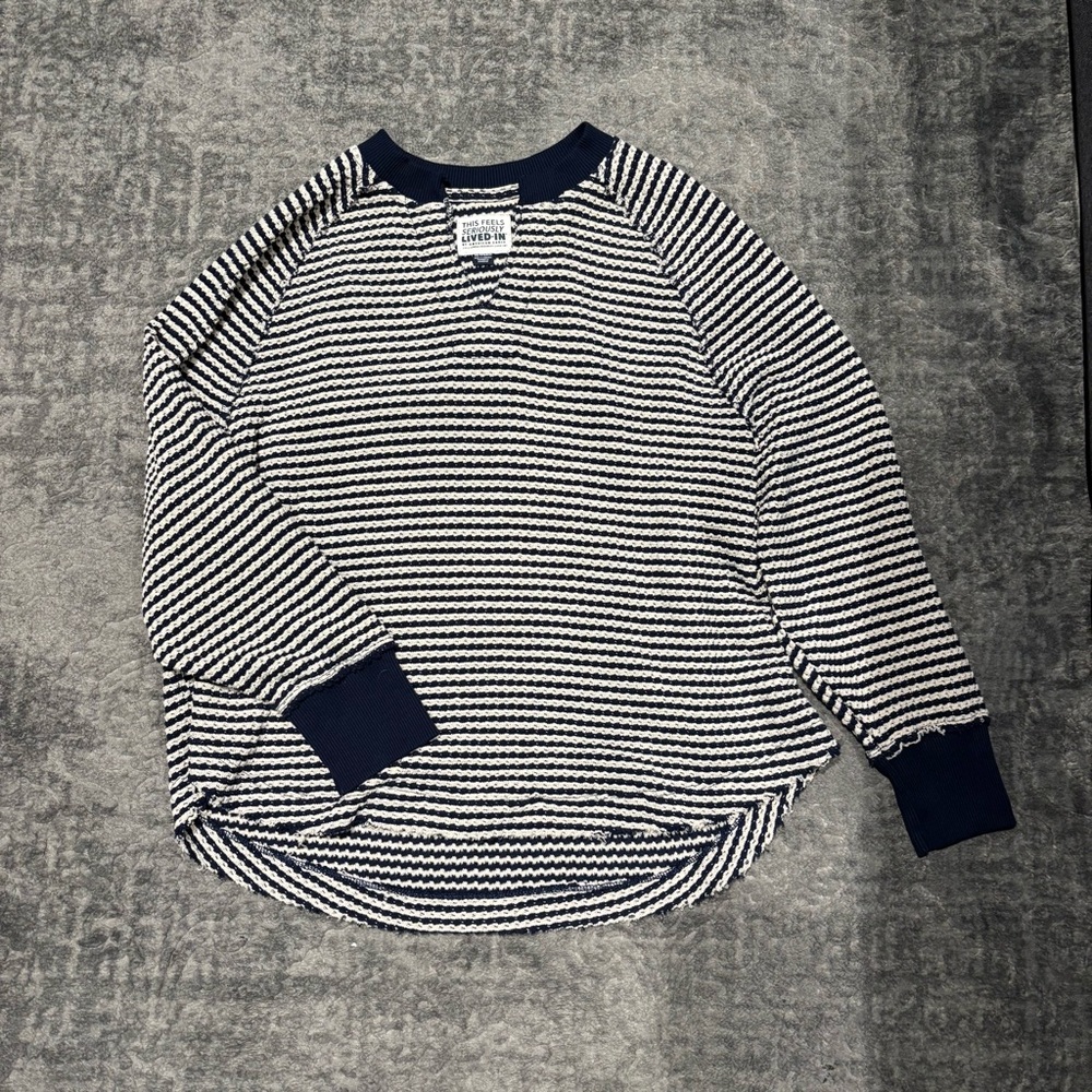 American Eagle Big Hug Notch Neck Waffle Sweatshirt - Navy